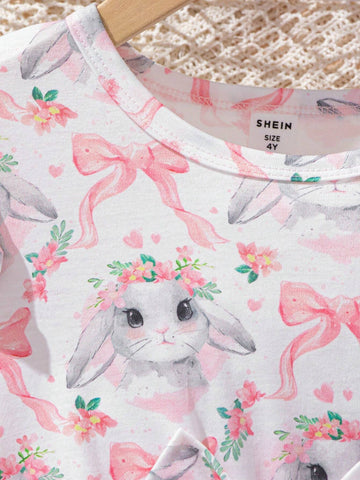 Young Girls' Easter Bunny Printed Mesh Princess Dress With Hairband For Summer