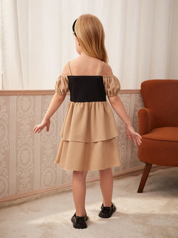 Young Girls' Elegant And Luxurious One-Shoulder Puff Sleeve Dress With Bowknot Decoration, Multi-Layered And Low-Waisted