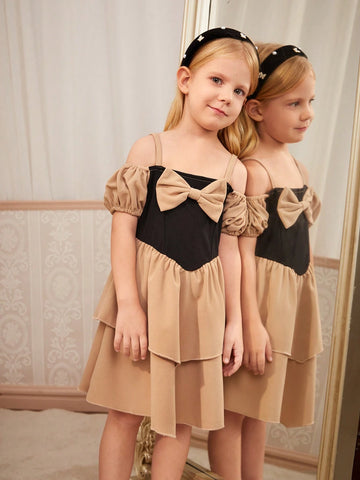 Young Girls' Elegant And Luxurious One-Shoulder Puff Sleeve Dress With Bowknot Decoration, Multi-Layered And Low-Waisted