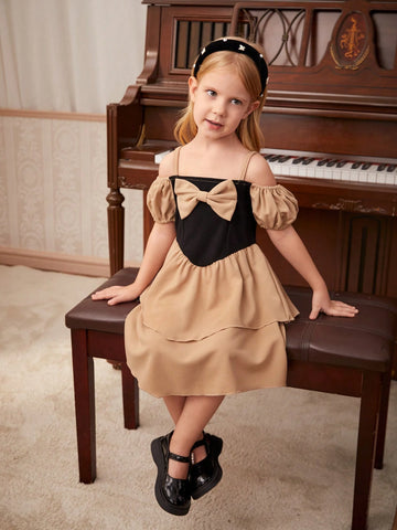 Young Girls' Elegant And Luxurious One-Shoulder Puff Sleeve Dress With Bowknot Decoration, Multi-Layered And Low-Waisted