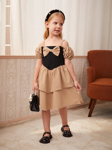 Young Girls' Elegant And Luxurious One-Shoulder Puff Sleeve Dress With Bowknot Decoration, Multi-Layered And Low-Waisted