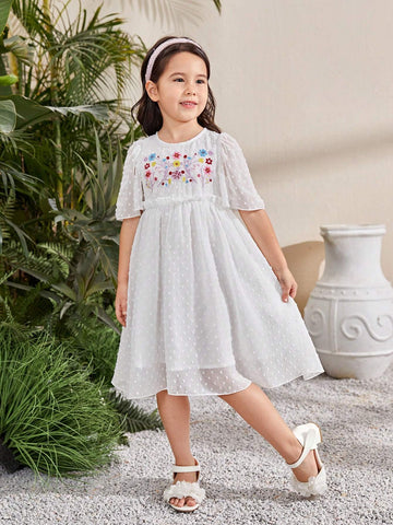 Young Girls' Elegant And Romantic Floral Embroidery Dress With Ruffle Hem