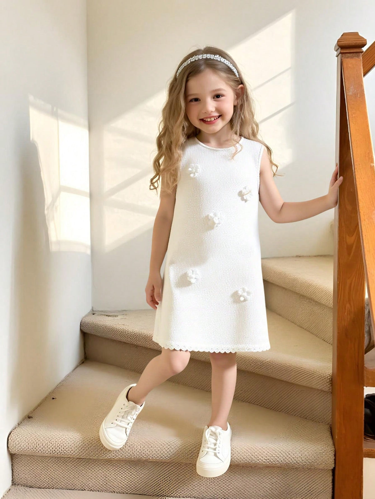 Young Girls' Elegant Floral 3D Decor White Knit Sleeveless Dress
