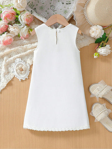 Young Girls' Elegant Floral 3D Decor White Knit Sleeveless Dress