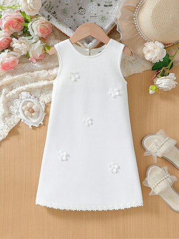 Young Girls' Elegant Floral 3D Decor White Knit Sleeveless Dress