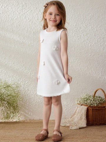 Young Girls' Elegant Floral 3D Decor White Knit Sleeveless Dress