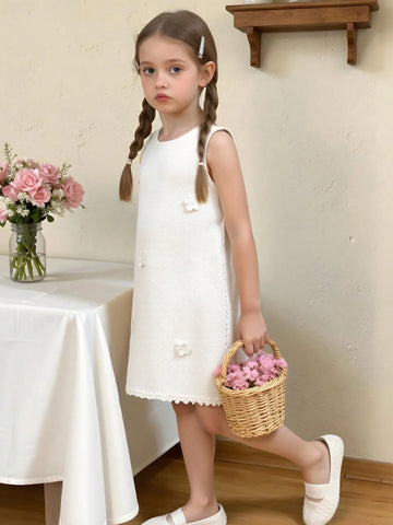 Young Girls' Elegant Floral 3D Decor White Knit Sleeveless Dress
