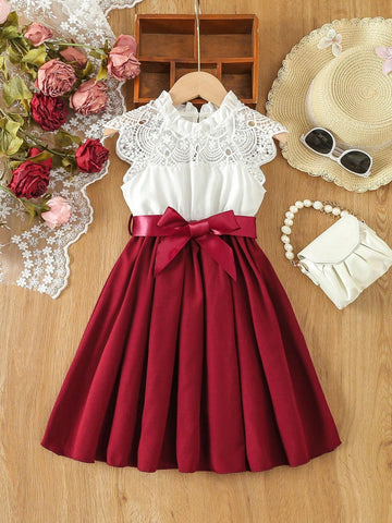 Young Girls' Elegant Lace Patchwork Belted Dress Fit For Summer