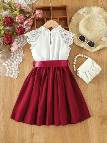 Young Girls' Elegant Lace Patchwork Belted Dress Fit For Summer