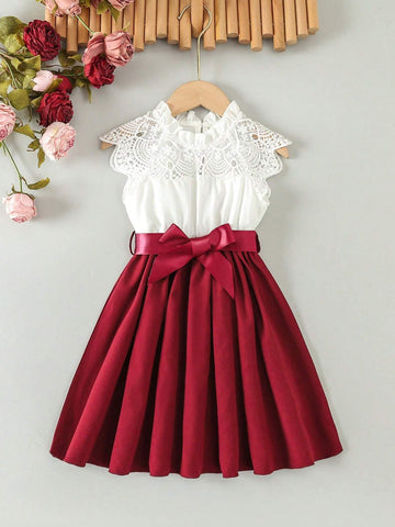 Young Girls' Elegant Lace Patchwork Belted Dress Fit For Summer