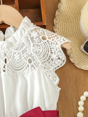 Young Girls' Elegant Lace Patchwork Belted Dress Fit For Summer