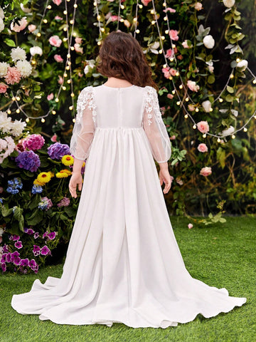 Young Girl's Elegant Mesh Lace Sleeves Inlaid With Woven Fabric, Waist Adorned With Pearl Belt Dress