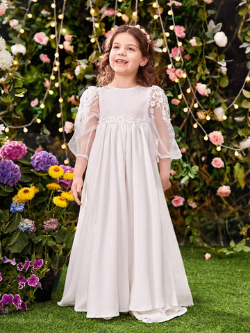 Young Girl's Elegant Mesh Lace Sleeves Inlaid With Woven Fabric, Waist Adorned With Pearl Belt Dress