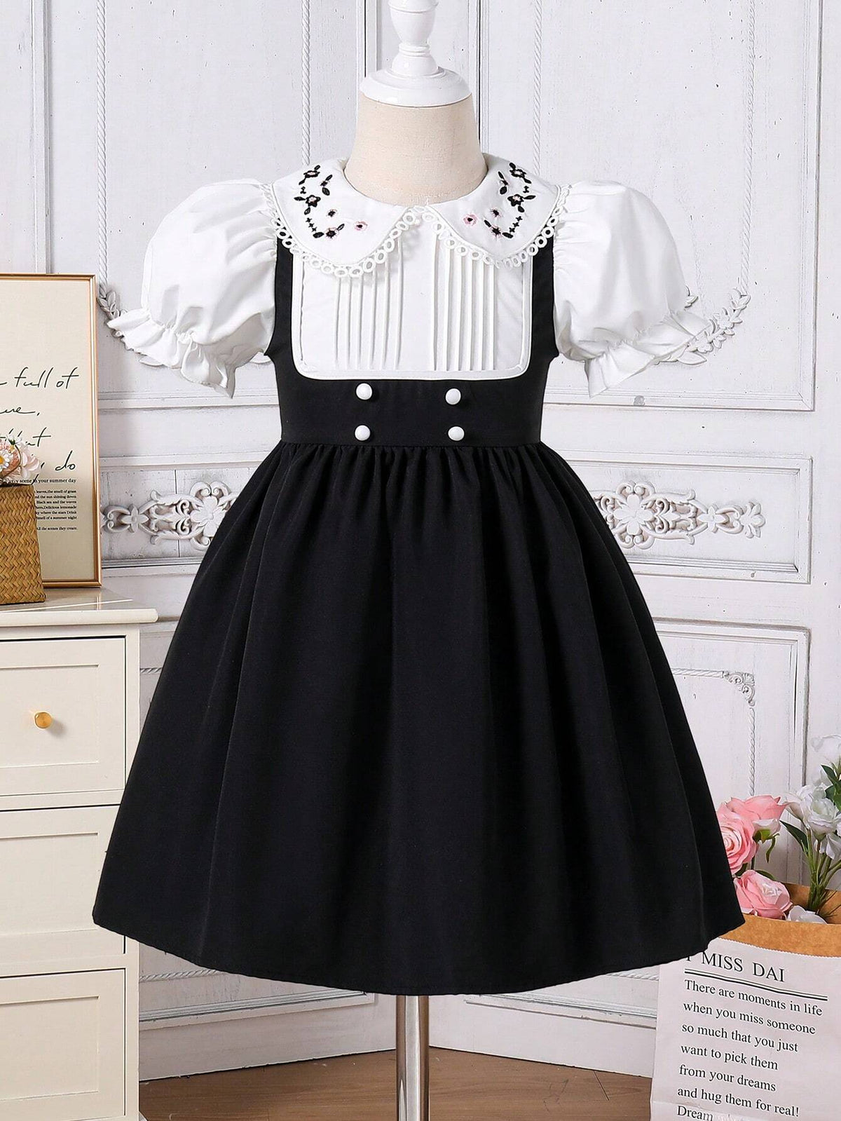 Young Girls Elegant Princess School Contrast Ruffle Embroidery Puff Sleeve 2 In 1 Splice Blue Square Collar A-Line Knee-Length Dress