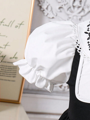 Young Girls Elegant Princess School Contrast Ruffle Embroidery Puff Sleeve 2 In 1 Splice Blue Square Collar A-Line Knee-Length Dress