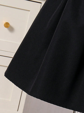 Young Girls Elegant Princess School Contrast Ruffle Embroidery Puff Sleeve 2 In 1 Splice Blue Square Collar A-Line Knee-Length Dress