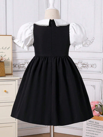 Young Girls Elegant Princess School Contrast Ruffle Embroidery Puff Sleeve 2 In 1 Splice Blue Square Collar A-Line Knee-Length Dress