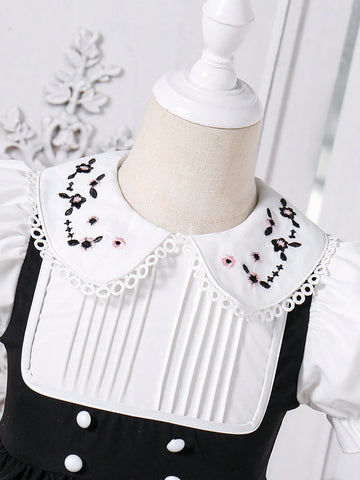 Young Girls Elegant Princess School Contrast Ruffle Embroidery Puff Sleeve 2 In 1 Splice Blue Square Collar A-Line Knee-Length Dress