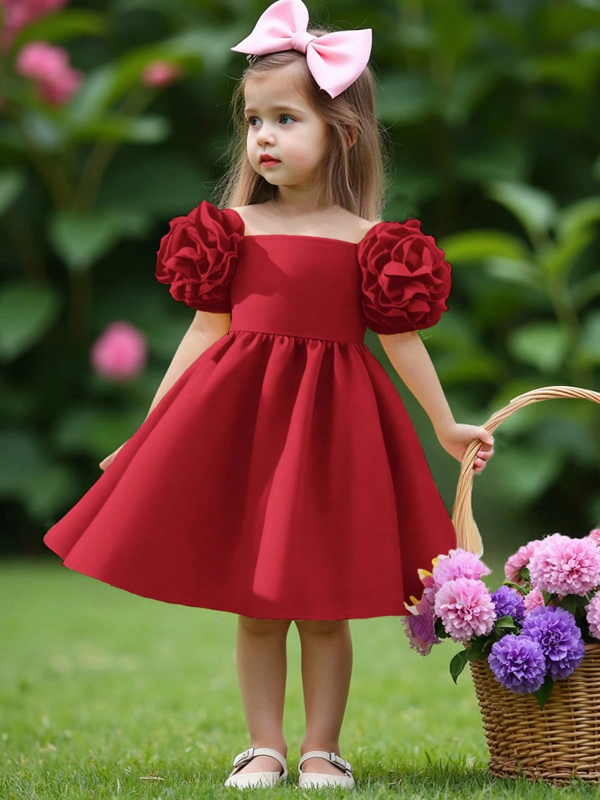 Young Girl's Elegant Princess Style Dress With Ruffled Bubble Sleeves For Parties And Birthday Celebrations
