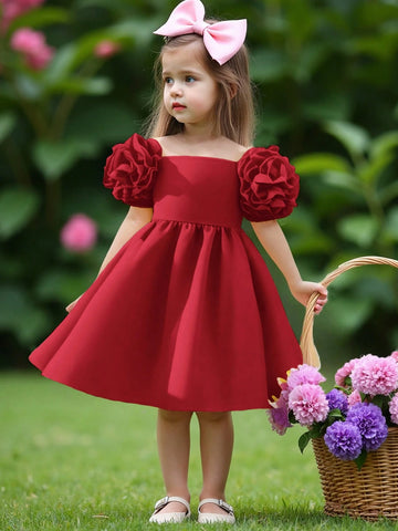 Young Girl's Elegant Princess Style Dress With Ruffled Bubble Sleeves For Parties And Birthday Celebrations