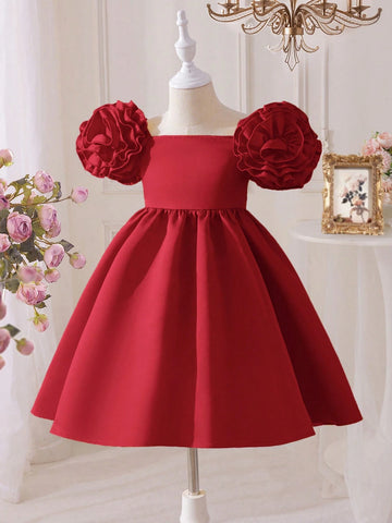 Young Girl's Elegant Princess Style Dress With Ruffled Bubble Sleeves For Parties And Birthday Celebrations