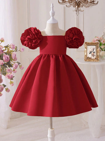 Young Girl's Elegant Princess Style Dress With Ruffled Bubble Sleeves For Parties And Birthday Celebrations