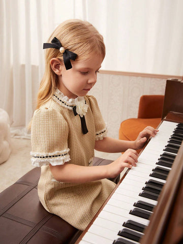 Young Girls' Elegant Puff Sleeve Dress With 3D Floral Decor For Summer