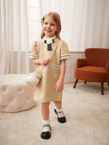 Young Girls' Elegant Puff Sleeve Dress With 3D Floral Decor For Summer