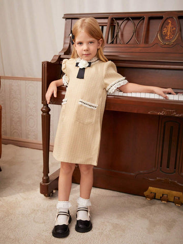 Young Girls' Elegant Puff Sleeve Dress With 3D Floral Decor For Summer