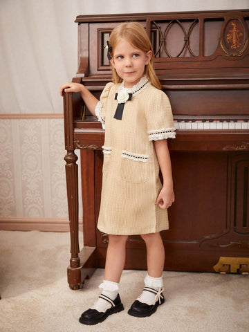 Young Girls' Elegant Puff Sleeve Dress With 3D Floral Decor For Summer