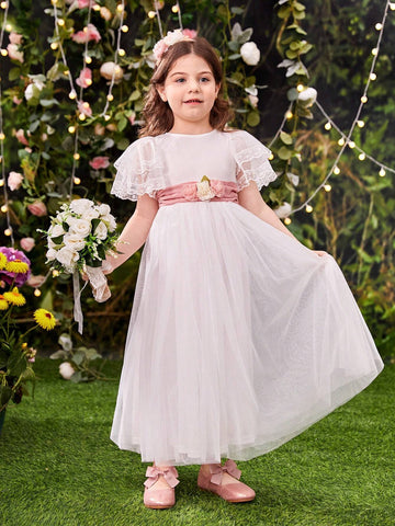 Young Girls' Elegant Round Neck Lace Trimmed Short Sleeved Mesh Dress With Waist 3d Flower Decoration
