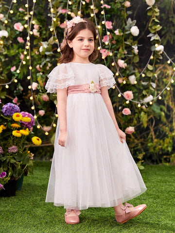 Young Girls' Elegant Round Neck Lace Trimmed Short Sleeved Mesh Dress With Waist 3d Flower Decoration