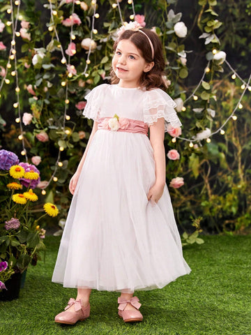 Young Girls' Elegant Round Neck Lace Trimmed Short Sleeved Mesh Dress With Waist 3d Flower Decoration