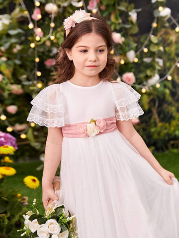 Young Girls' Elegant Round Neck Lace Trimmed Short Sleeved Mesh Dress With Waist 3d Flower Decoration