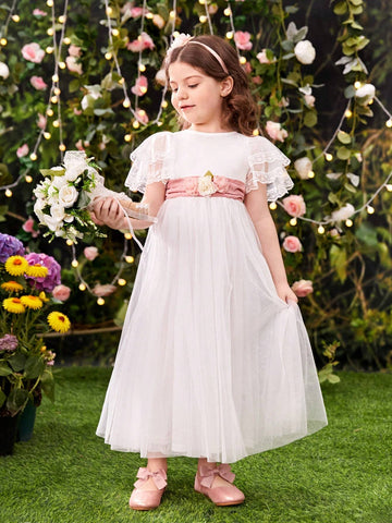 Young Girls' Elegant Round Neck Lace Trimmed Short Sleeved Mesh Dress With Waist 3d Flower Decoration