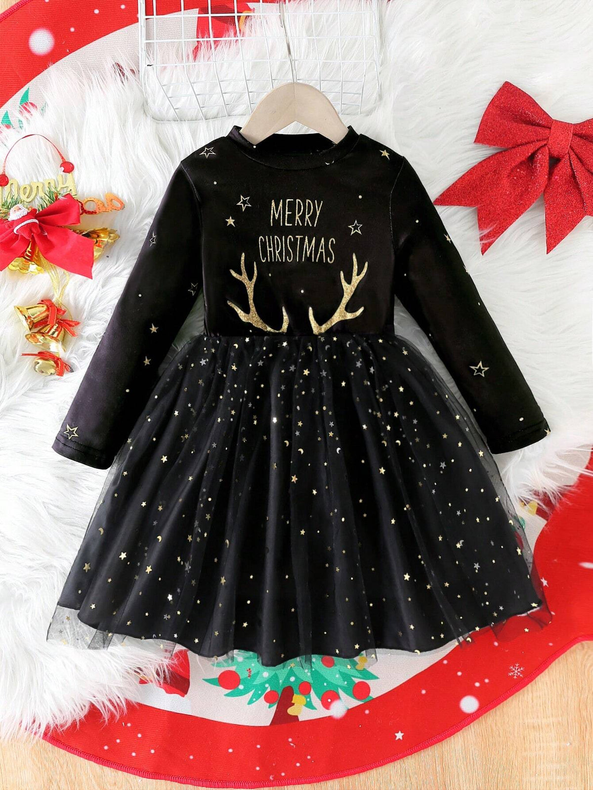 Young Girls Elegant Round Neck Shoulder Long Sleeve Cinched Waist Sequin Print Letter Pattern 3D Bow Mesh Patchwork Party Dress