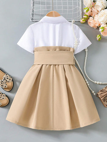 Young Girls' Elegant Shirt Collar Dress With Waist Belt And Design Elements