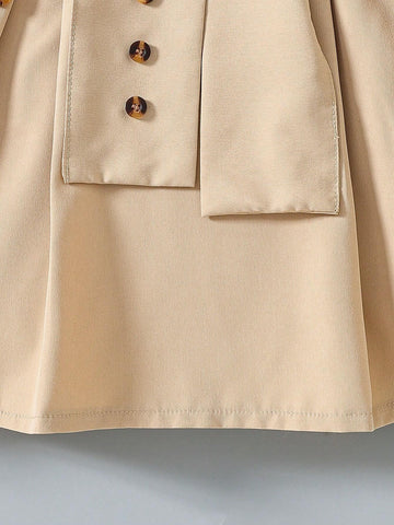 Young Girls' Elegant Shirt Collar Dress With Waist Belt And Design Elements