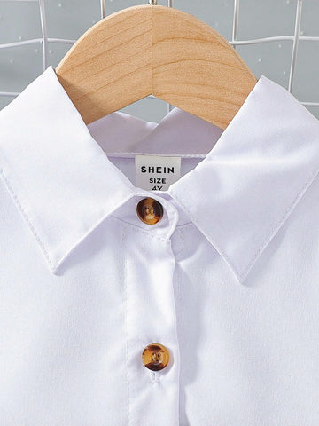 Young Girls' Elegant Shirt Collar Dress With Waist Belt And Design Elements