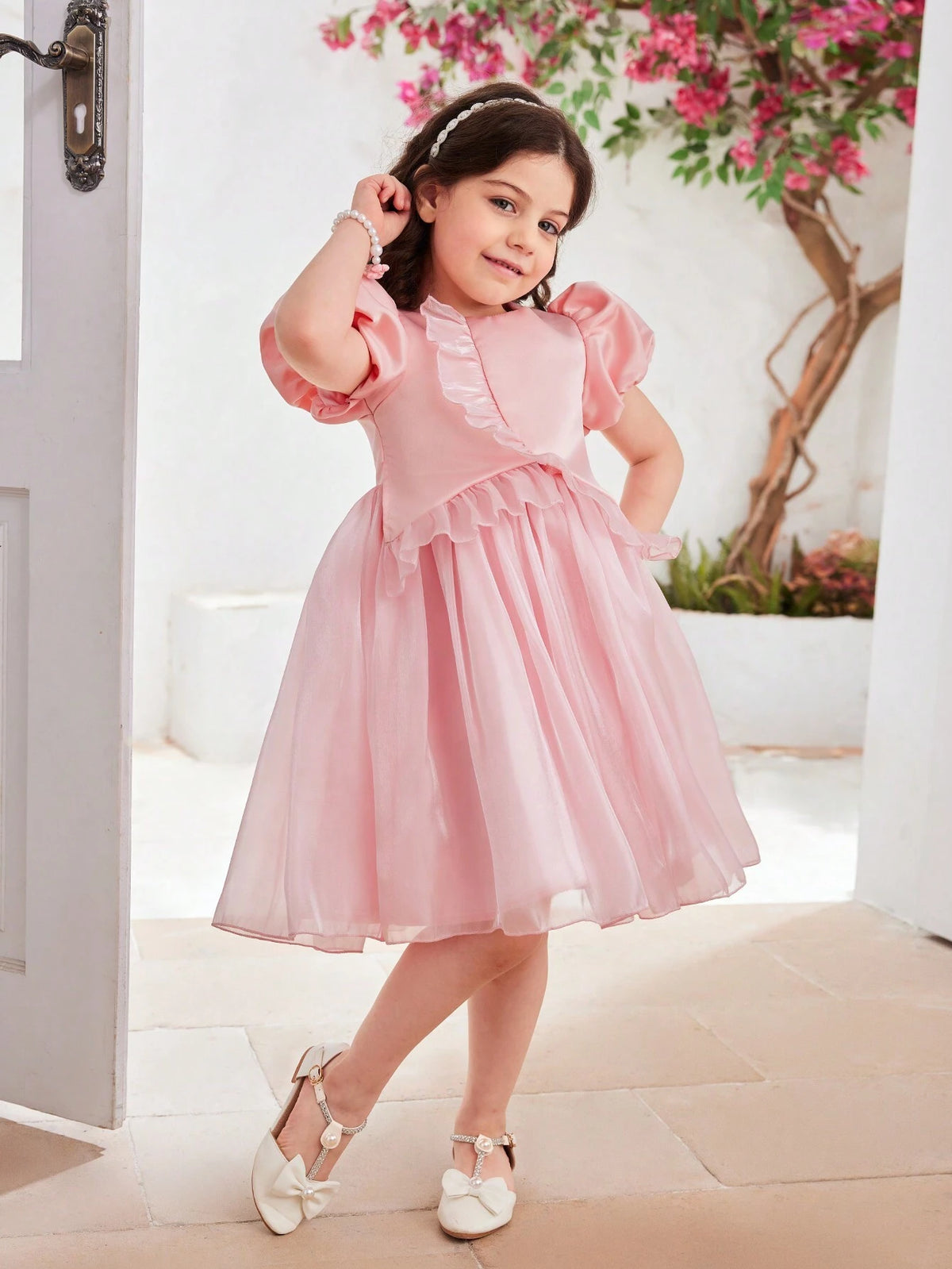 Young Girls' Elegant Solid Color Puff Sleeve Dress With Ruffle Hem, Summer