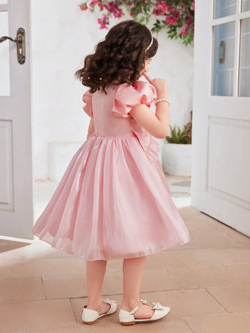 Young Girls' Elegant Solid Color Puff Sleeve Dress With Ruffle Hem, Summer