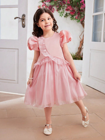 Young Girls' Elegant Solid Color Puff Sleeve Dress With Ruffle Hem, Summer