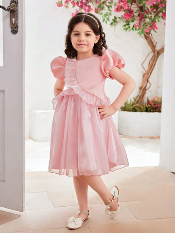 Young Girls' Elegant Solid Color Puff Sleeve Dress With Ruffle Hem, Summer