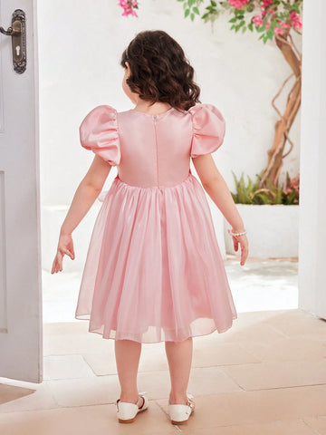 Young Girls' Elegant Solid Color Puff Sleeve Dress With Ruffle Hem, Summer
