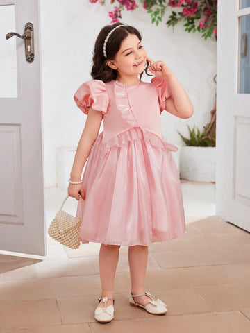 Young Girls' Elegant Solid Color Puff Sleeve Dress With Ruffle Hem, Summer