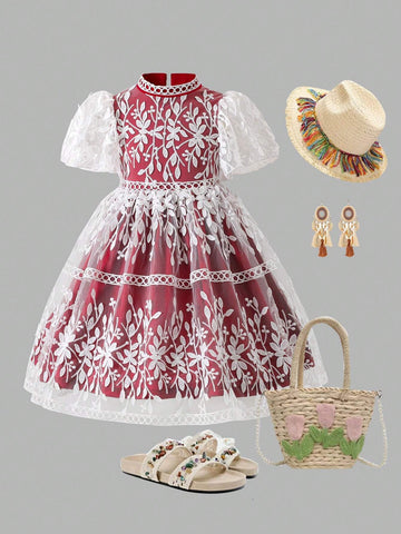 Young Girl's Elegant Vacation Colorblock Embroidered Mesh Puff Sleeve Dress