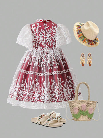 Young Girl's Elegant Vacation Colorblock Embroidered Mesh Puff Sleeve Dress