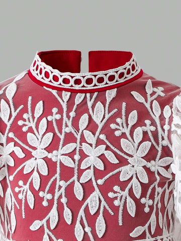 Young Girl's Elegant Vacation Colorblock Embroidered Mesh Puff Sleeve Dress