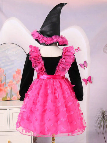 Young Girls Fashion Casual Sweet Elegant Velvet 3D Embroidered Bat Wing Layered Ruffle Mesh Dress