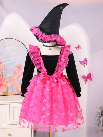 Young Girls Fashion Casual Sweet Elegant Velvet 3D Embroidered Bat Wing Layered Ruffle Mesh Dress